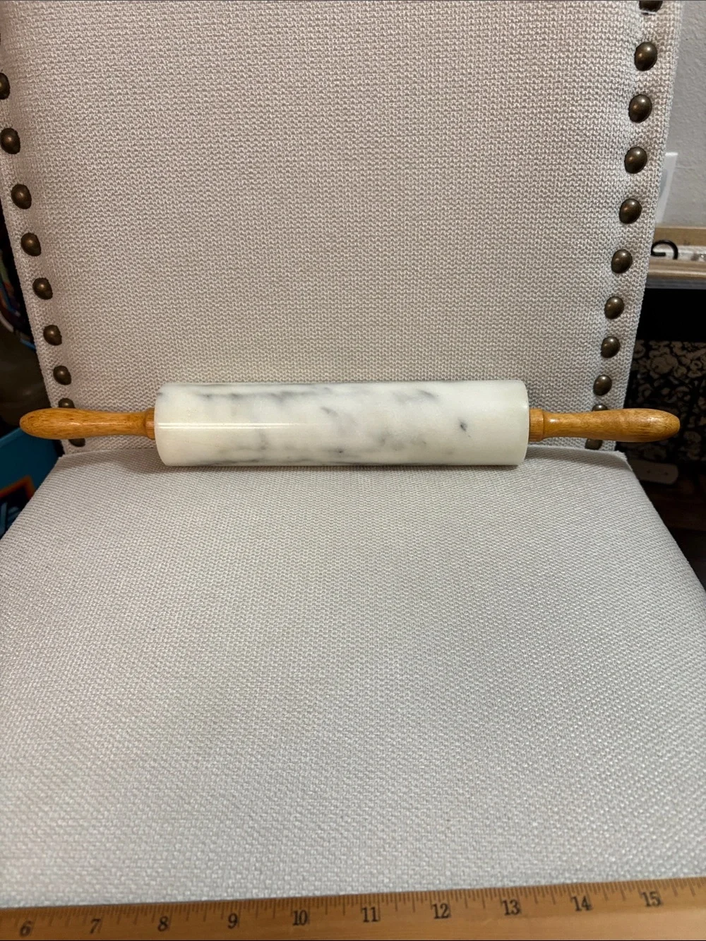 Vintage - White Marble Rolling Pin with Wooden Handles